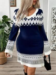 Calvaya Plus Size Retro Vibe Color Block V-Neck Jacquard Knit Sweater Dress Fall Winter Cloth For Women - Multicolor - View 3