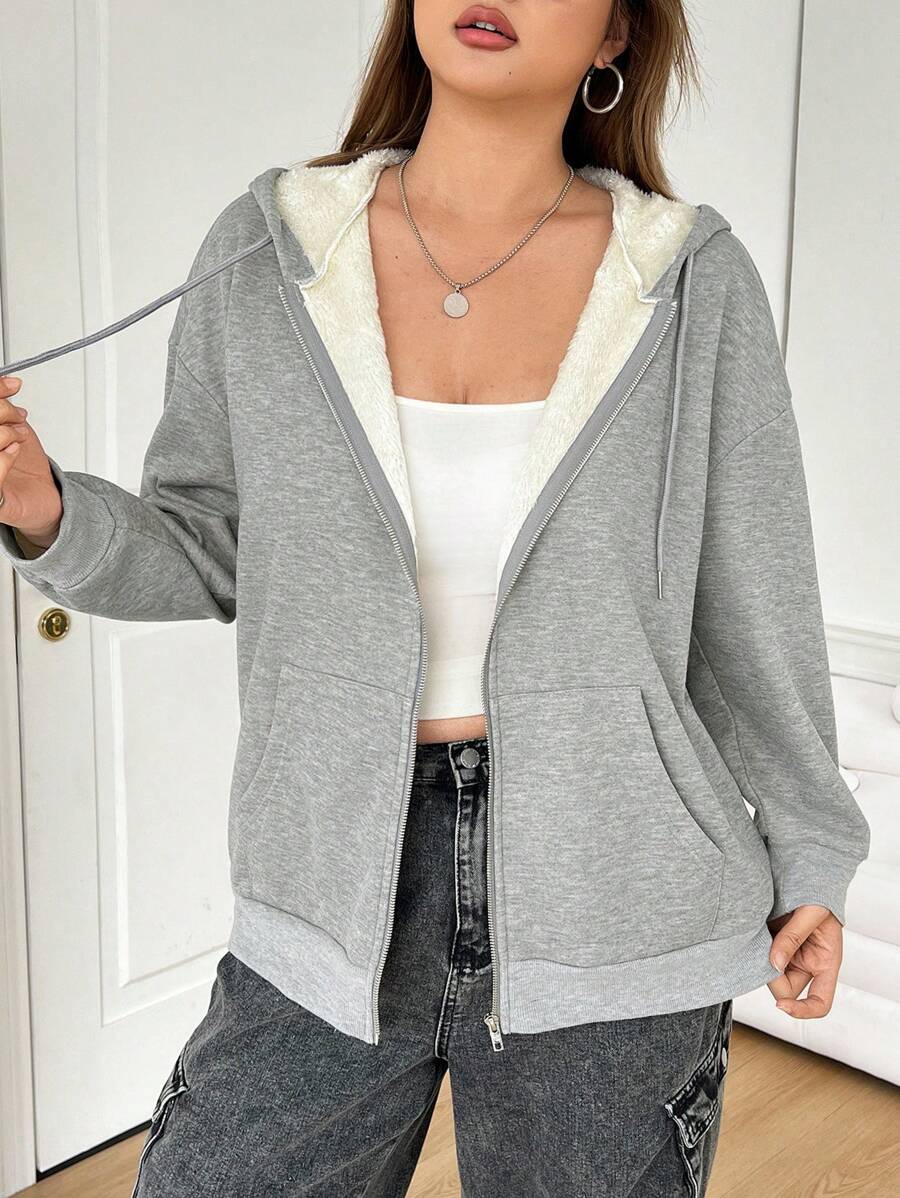 SHEIN EZwear Plus Size Women Thermal Lined Gray Hooded Casual Jacket, Autumn/Winter