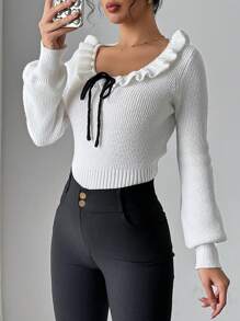 Chiquease Suéter de mujer elegante y versátil con volantes y moño, de estilo simple y a la moda - Blanco - Ver 5