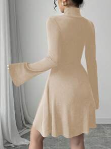 Elenzga 女士秋冬时尚休闲中长连衣裙，二合一，仿衬衫领，前半纽扣，口袋，拼色袖子，下摆拼接，杏色和白色 - 杏色 - 查看 2