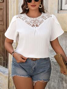 Celure Plus Size Women's Solid Color Lace Hollow Floral Short Sleeve Blouse