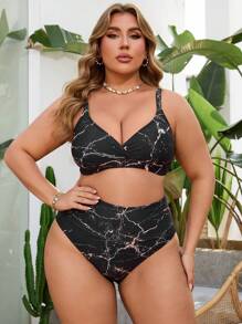 SHEIN Swim Curve مجموعة ملابس السباحة للنساء ذوات الحجم الكبير بطبعة ربطة العنق المجردة والياقة على شكل حرف V لفصل الصيف - متعدد الألوان - مشاهدة 6