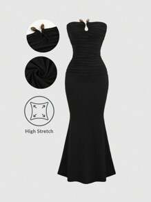 Sweetra Solid Color Pleated Circular Decor Strapless Sleeveless Dress Maxi Women Outfit - Black - View 1