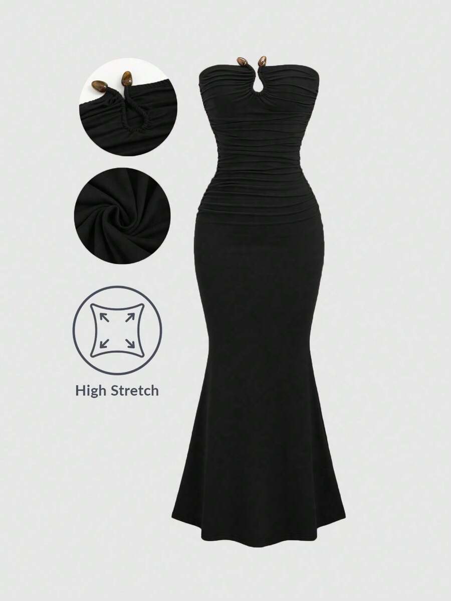 Sweetra Solid Color Pleated Circular Decor Strapless Sleeveless Dress Maxi Women Outfit - Black - View 1