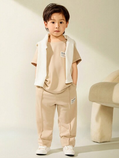 2pcs Casual All-Match Matching Short-Sleeve T-Shirt And Long Pants Set For Young Boys, Suitable For Outings, School, Daily Gatherings, Spring/Summer