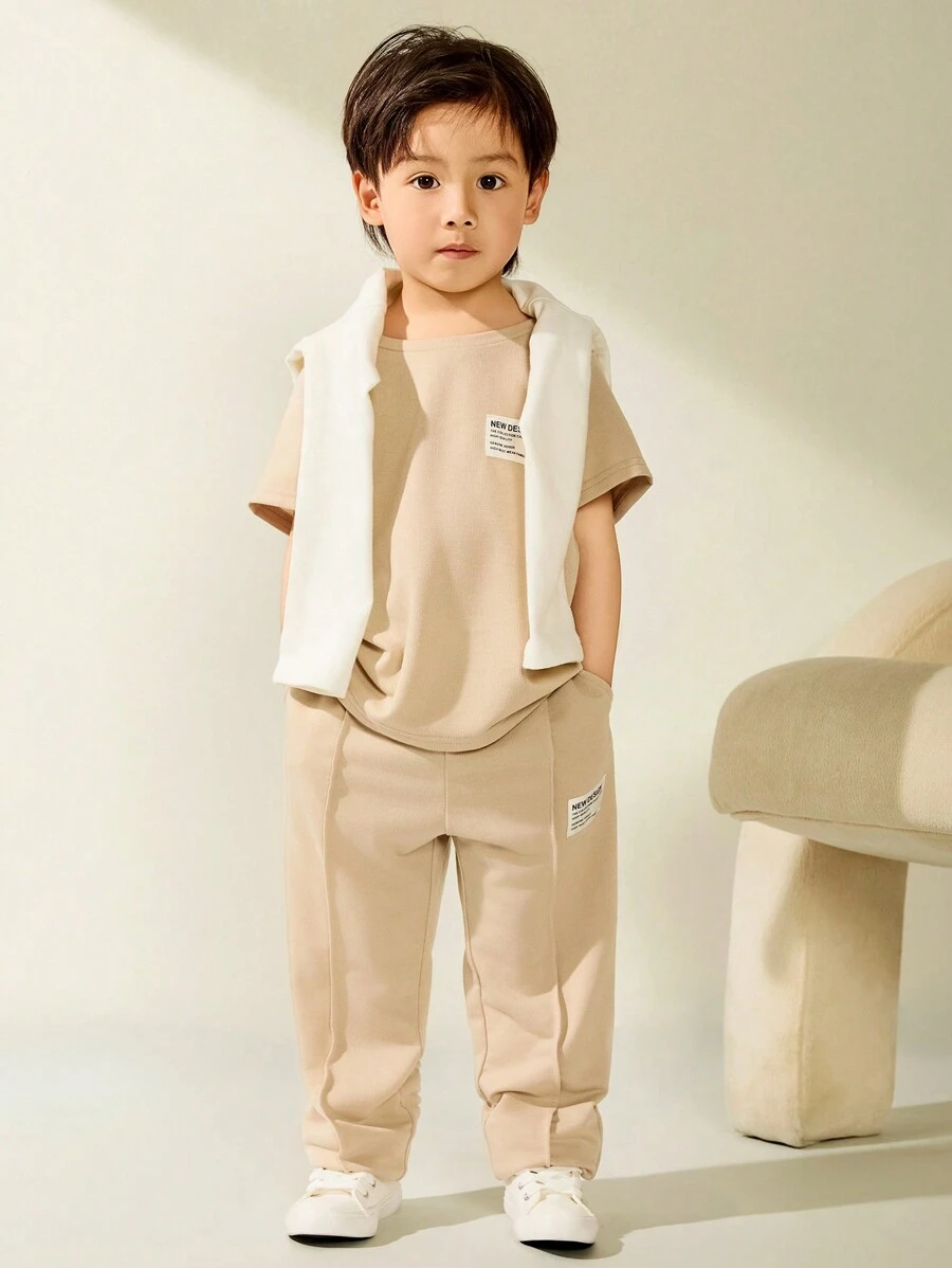 2 件套休闲百搭短袖 T 恤和长裤套装，适合年轻男孩，适合外出、上学、日常聚会、春夏季 - 杏色 - 查看 1