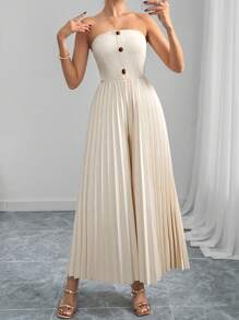 SHEIN Clasi Women's Elegant Pleated Strapless Apricot Color Wide Leg Long Jumpsuit, Fashion Streetwear For Vacation Outfits Woman Summer Outfits For Women Beach Outfits For Woman Mardi Gras  Beach Vacation Wear  BohoJumpsuit Women Western Wear Women Festival  Old Money