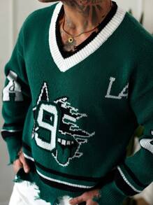 Manfinity Roughcore Jersey de punto con cuello en V y estampado digital para hombres, otoño/invierno - Multicolor - Ver 4