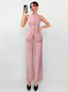 Aloruh Bộ đồ đi làm mùa thu/đông cho nữ - Áo khoác kaki cổ thuyền có túi giả và quần âu 2 món - Hồng - Xem 2