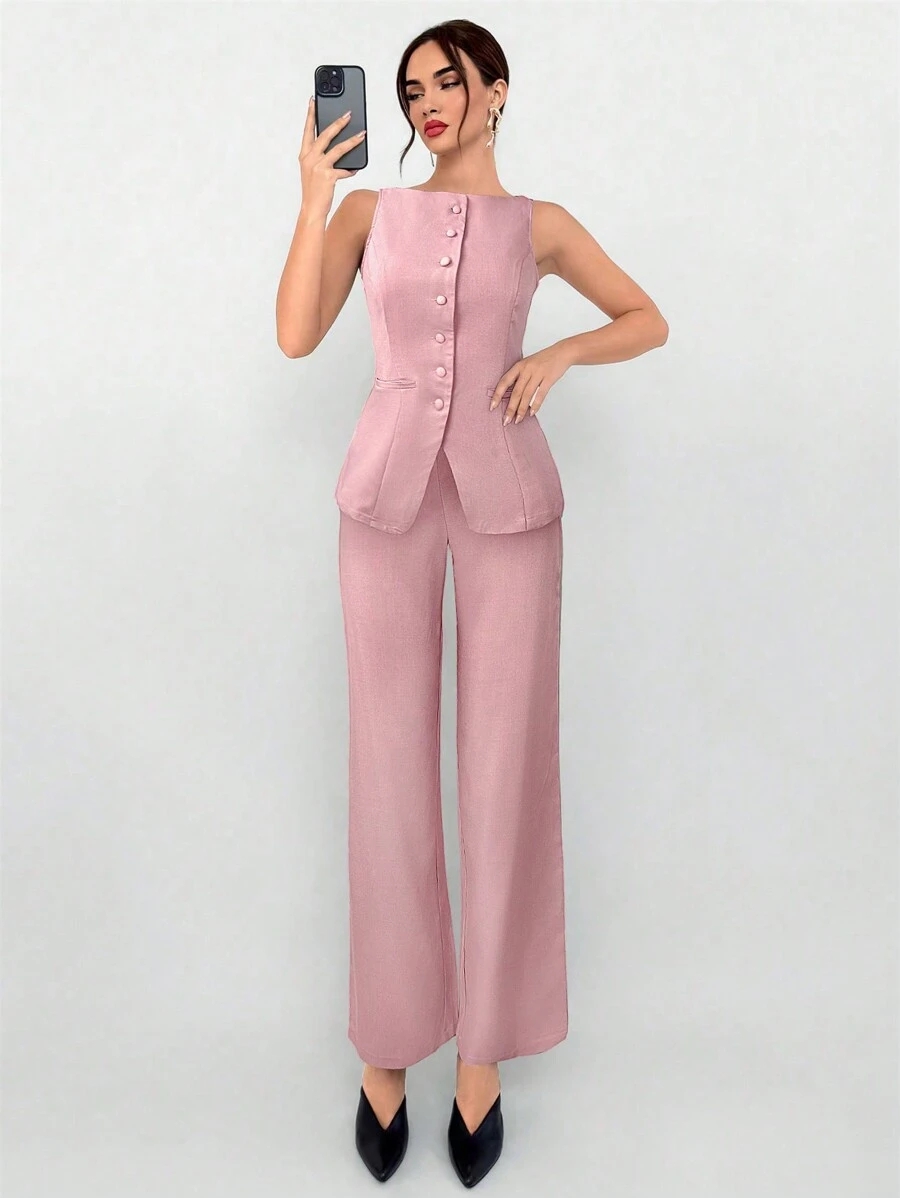 Aloruh Bộ đồ đi làm mùa thu/đông cho nữ - Áo khoác kaki cổ thuyền có túi giả và quần âu 2 món