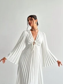 Firerie Valentinstag Damen V-Ausschnitt Zugband plissiertes Weitausschwingendes-Ärmel tailliertes langes weißes Kleid, elegantes minimalistisches Design für den Alltag, Dates, Partys, romantische Anlässe, Herbst/Winter/Frühling, weißes Abschlussballkleid - Weiss - Übersicht 7