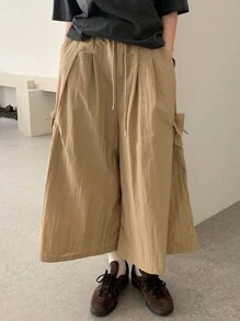 DAZY Quần ống rộng cạp chun siêu rộng cho nữ, quần short Bermuda, mọi mùa - Màu Khaki - Xem 1