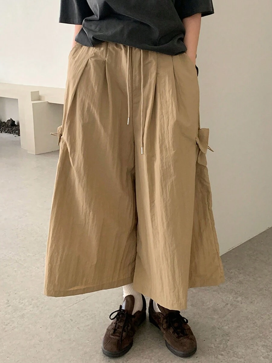 DAZY Quần ống rộng cạp chun siêu rộng cho nữ, quần short Bermuda, mọi mùa - Màu Khaki - Xem 1