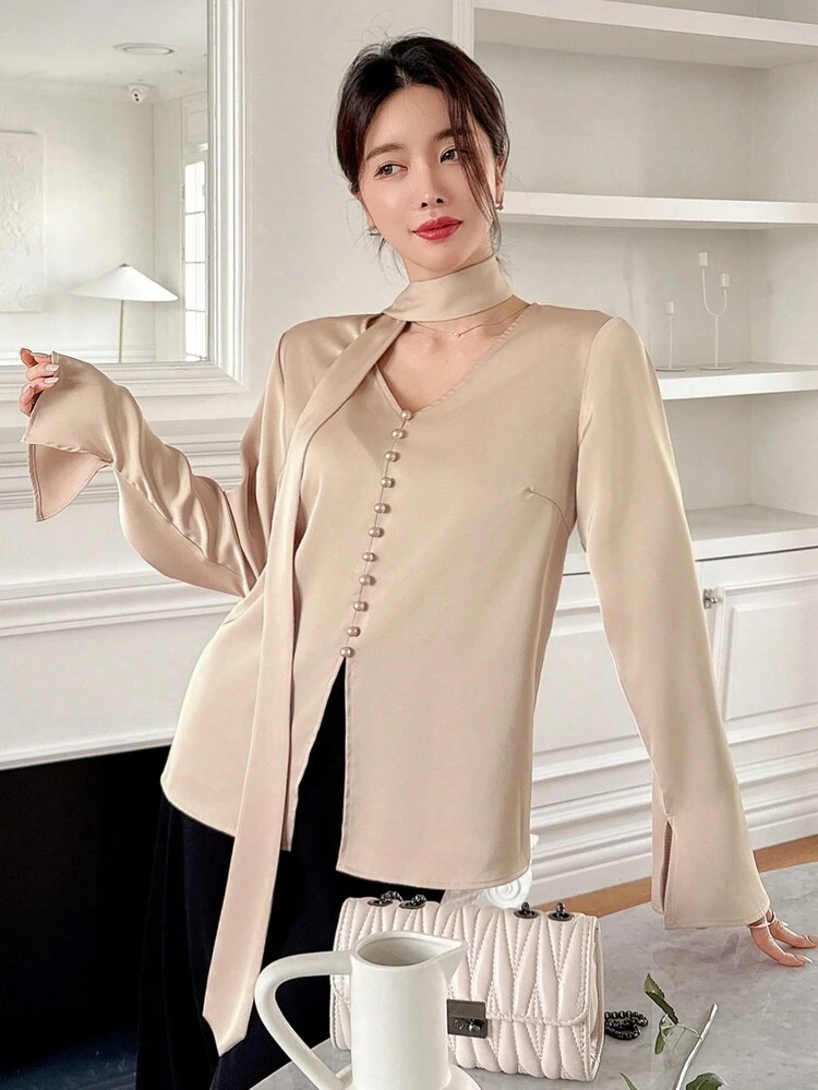 Women V-Neck Long Sleeve Tie Elegant Blouse, Spring & Summer,Fall Clothes