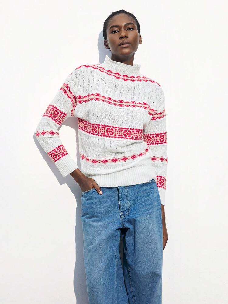 SHEIN Maija Femmes Sweater ample en maille avec col montant, motif géométrique et épaules tombantes, Festival