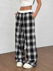 Comfortcana 女士格子系腰阔腿宽松休闲裤 - 黑與白 - 查看 6