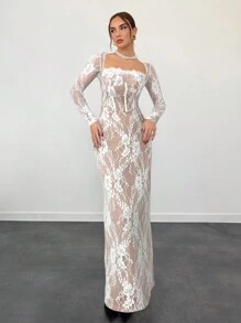 Aloruh 女士秋冬性感 S 形蕾丝长袖罩杯紧身及地长连衣裙，适合派对、约会之夜、晚会 - 白色 - 查看 6