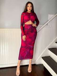 Firerie Vestido elegante y romántico de estilo elegante para mujer, adecuado para fiesta, vacaciones, vuelta al colegio, cita romántica y boda, vestido de fiesta, vestido de manga larga ajustado con pliegues y estampado floral en degradado morado - Multicolor - Ver 4