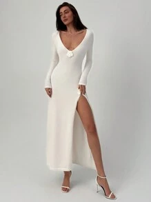 Aloruh New Handmade Crochet 3D Floral High Split Halter Dress, Vacation & Casual Wear - Khaki - View 6