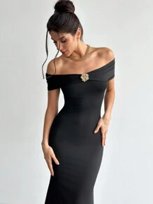 Firerie 优雅金属装饰露肩紧身美人鱼长裙，浪漫约会和日常穿着，节日/春季/夏季 - 黑色 - 查看 7