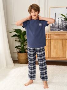 SHEIN Tween Boys Letter Print Crew Neck Short Sleeve T-Shirt And Plaid Pants Casual Pajama Set Teen Boy Clothes Teen Boys Sets Boy Set Clothes Boy Clothes 14 - Dusty Blue - View 5