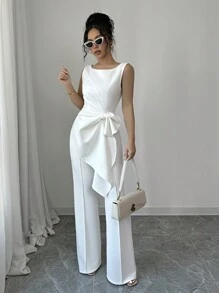 Elenzga Conjunto de top sin mangas y pantalones de pierna ancha, en color blanco elegante, con un ajuste delgado y favorecedor, un conjunto de moda