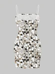 SHEIN EZwear Casual Minimalist Silver Sequin Printed Bodycon Spaghetti Strap Cami Dress For Women Chic Dress - White - View 4
