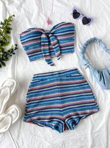 Soleia Conjunto de 2 piezas de top corto bandeau y shorts de cintura alta, conjunto de vestimenta para playa
