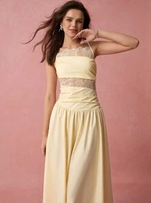 Enchnt Spring And Summer Romantic Ladies Yellow Delicate Lace Pleated Waist Spaghetti Straps Dress, Sweet And Elegant Sundress, Suitable For Wedding Season, Holidays, Vacation, Sweet Date, Daily Commuting And Graduation Season, Ladies Summer Clothing, Elegant Dress