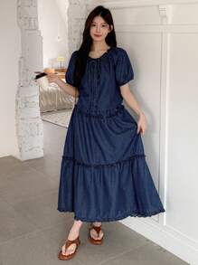 DAZY 女士褶皱短袖开衫夹克和牛仔裙两件套 - 深色水洗藍 - 查看 1