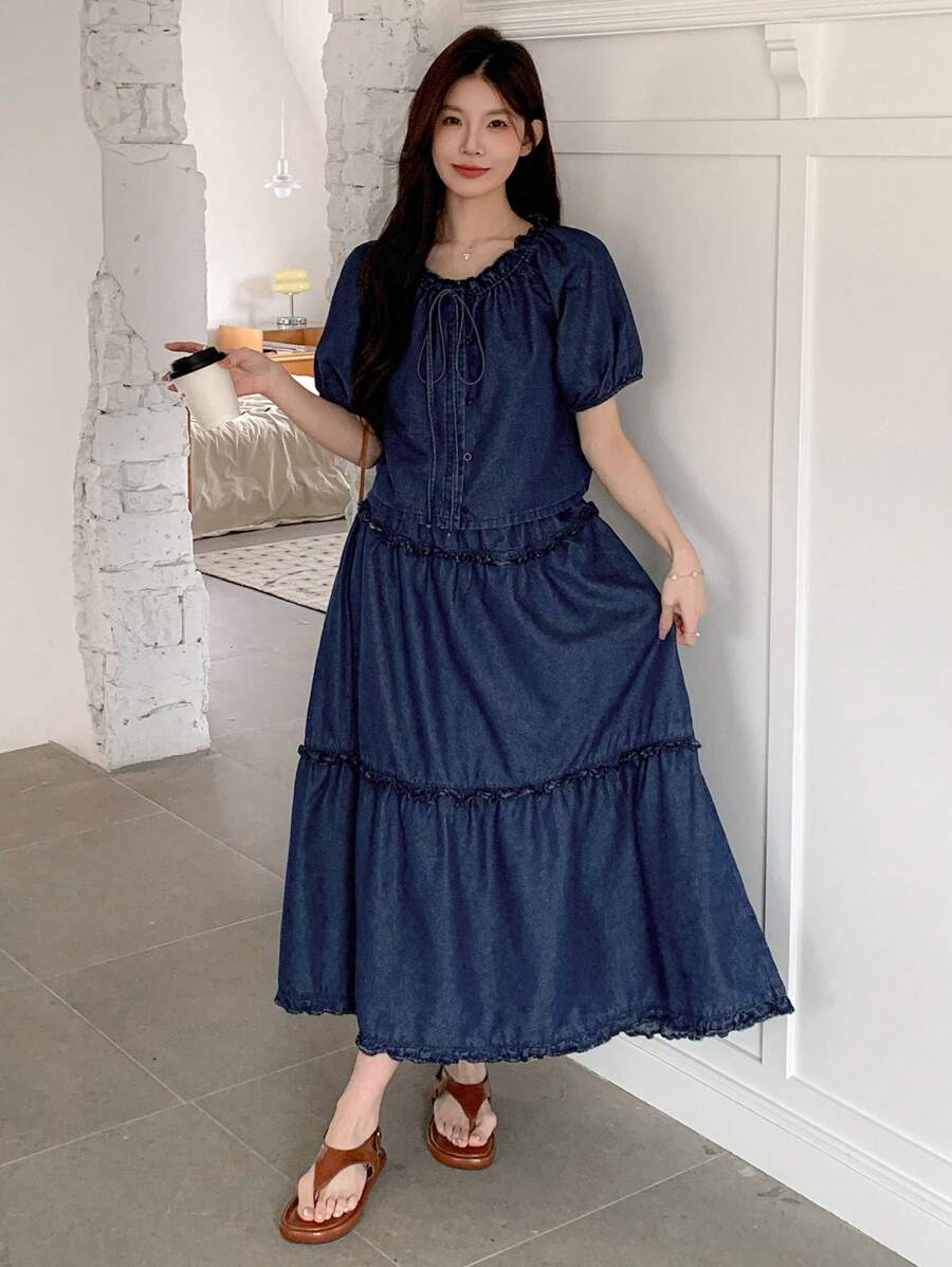 DAZY 女士褶皱短袖开衫夹克和牛仔裙两件套 - 深色水洗藍 - 查看 1