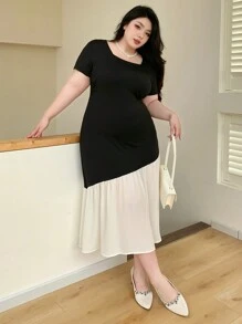 Dazy Plus Plus Size Stretchy Fitted Colorblock Square Neck Dress, Spring/Summer,Casual Women Dresses - Black - View 7