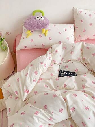 3 件套 100% 涤纶粉色蝴蝶结印花被子套装，包括 2 个枕套 + 1 个被套（无床单）