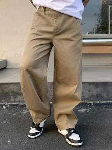 DAZY 男士直筒休闲卡其裤，百搭街头服饰 - 卡其色 - 查看 1