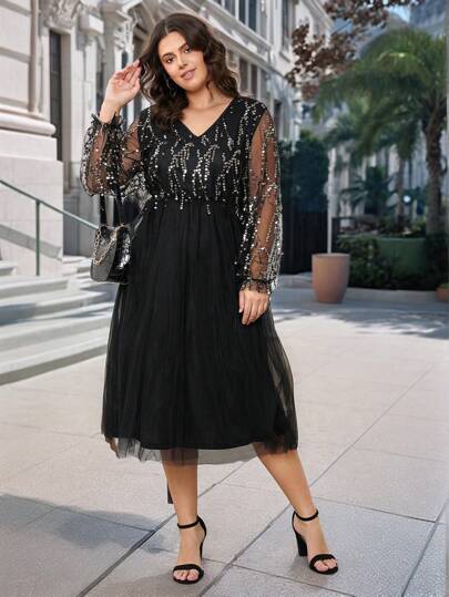 SHEIN LUNE 女士加大码纯色拼接 V 领长袖简约休闲长裙女士夏装度假装女士、俱乐部连衣裙