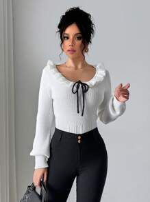 Chiquease Suéter de mujer elegante y versátil con volantes y moño, de estilo simple y a la moda - Blanco - Ver 1