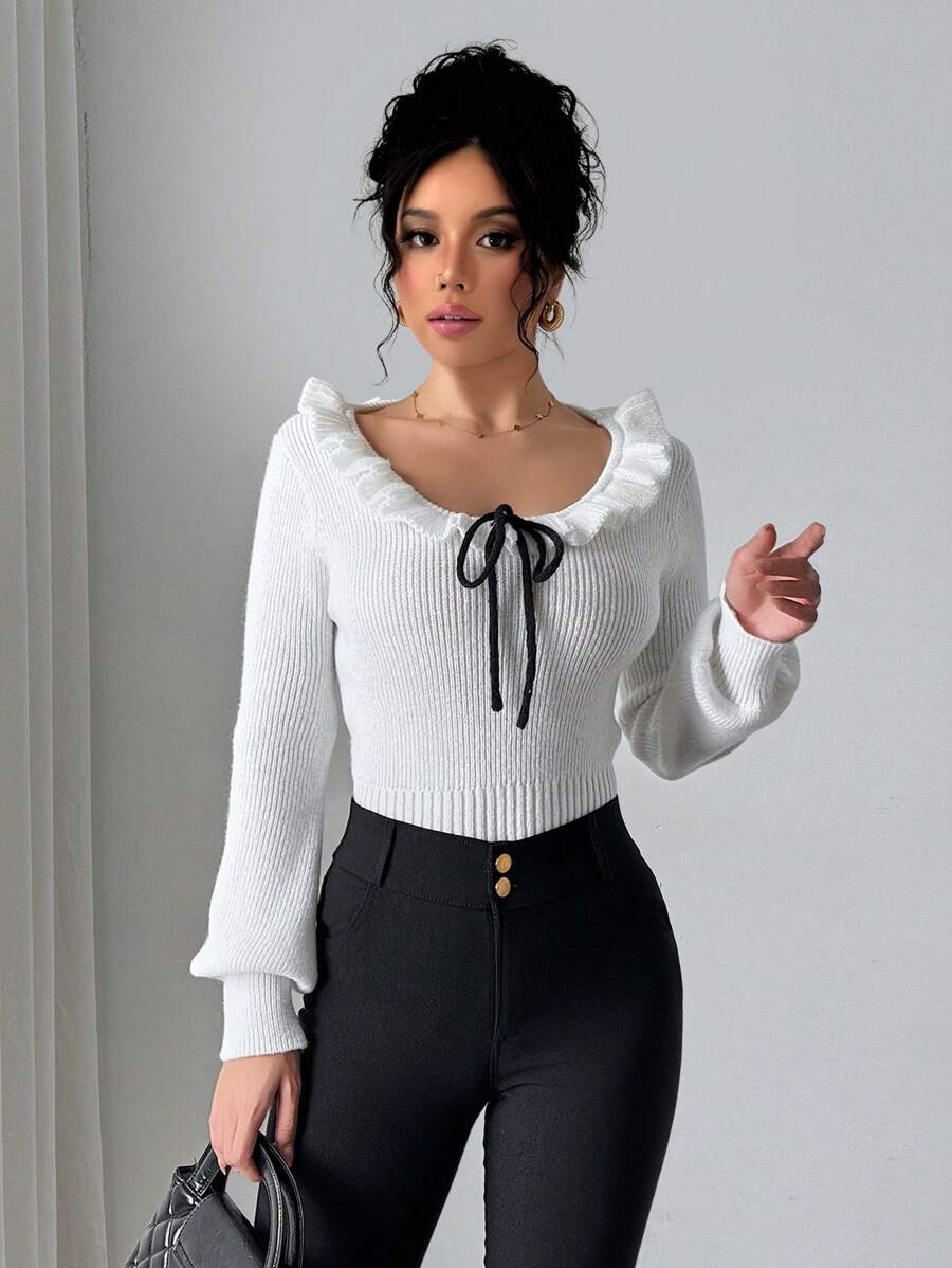 Chiquease Suéter de mujer elegante y versátil con volantes y moño, de estilo simple y a la moda - Blanco - Ver 1