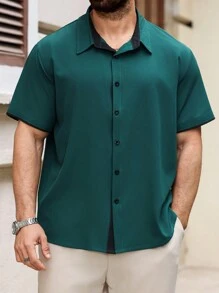 Manfinity Homme Men Plus Green Short Sleeve Shirt, Solid Color, Simple, Fashionable, Casual Everyday, Formal - Dark Green - View 5