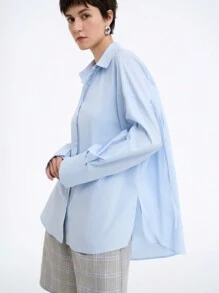 SHEIN Clasi 女士简约纯色优雅休闲商务舒适宽松插肩长袖衬衫，春秋 - 淺藍色 - 查看 3