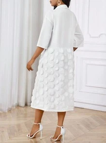 SHEIN Lady Robe chemise mi-longue avec col tressé beige élégante pour le travail de bureau, avec contraste de mesh, manches trois-quarts, convenant pour le printemps, l'été et l'automne - Blanc - Voir 2