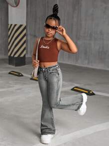 SHEIN Quần jeans ống loe denim mài đá kiểu vintage thập niên 2000 dành cho bé gái, phong cách đường phố mùa thu trở lại trường học. - màu đen - Xem 3