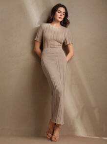 Anewsta Váy dệt kim thiết kế sọc trong suốt thanh lịch, trang phục mùa xuân cho phụ nữ lễ hội và đi chơi - Màu be - Xem 5