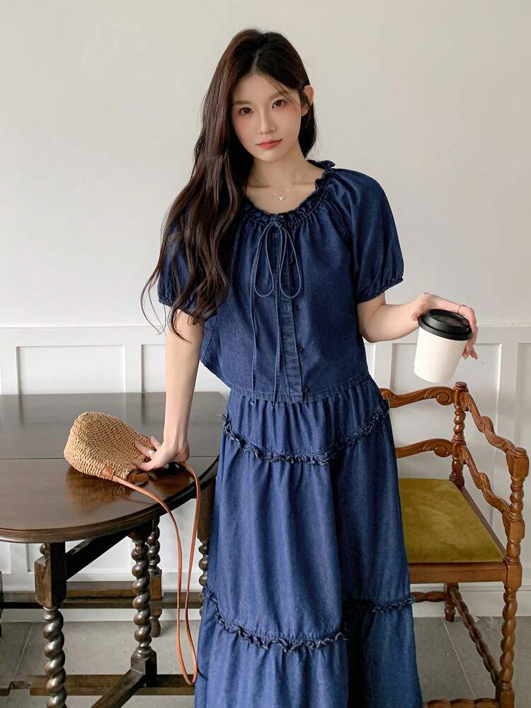 Women Pleated Short Sleeve Cardigan Jacket And Denim Skirt 2 Pieces Set