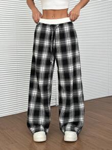 Comfortcana 女士格子系腰阔腿宽松休闲裤 - 黑與白 - 查看 3