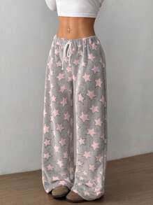 Flirla Christmas New Plush Print Comfortable Women Loose Straight Leg Pants