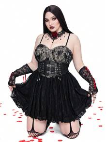 Flirla Goth Punk Plus Size Lace-Trim Mini Form-Fitting Dress, Sexy Party Slip Dress For Valentine's Day, Rose, Heart, Polka Dot, Love, Lip, Cupid, 85D Flower For Summer - Black - View 6