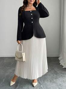 Elenzga 2pcs/Set Plus Size Solid Color Button Front Long Sleeve Blouse And A-Line Skirt Fall Cloth For Women - Black and White - View 1