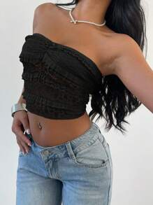 Aloruh Women's New Solid Color Elegant Romantic Lace Bow Ruffle Shirred Bust Cropped Bandeau Top - Black - View 4