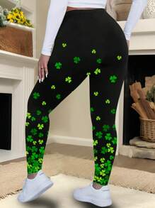 SHEIN LUNE Plus Size Women's Random Four-Leaf Clover Leaf Print Tight Leggings, Stretch Workout Pants For Autumn/Spring - Black - View 6
