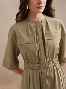 Anewsta Vestido midi de cuello redondo con manga corta y definición de cintura, estilo informal de negocios adecuado para primavera y verano